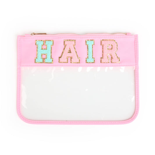 Varsity Letter Clear Zippered Pouch Bag Pink w/HAIR