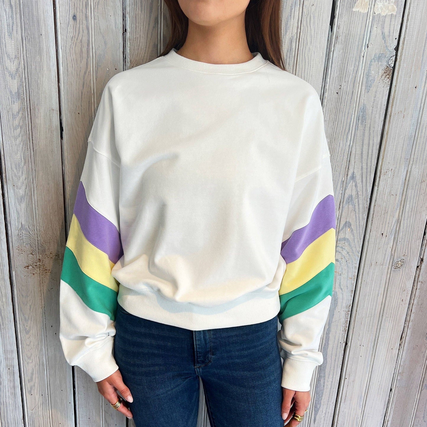 White Sweatshirt with Pastel Mardi Gras Stripes