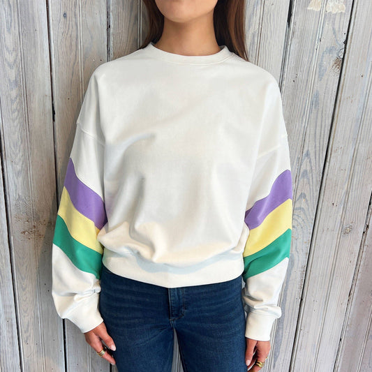 White Sweatshirt with Pastel Mardi Gras Stripes