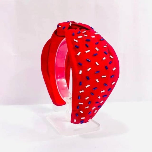 Patriotic Confetti Red Seed Bead Front Knot Headband