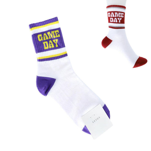 Game Day Striped Cotton Knit Crew Socks - Purple & Yellow
