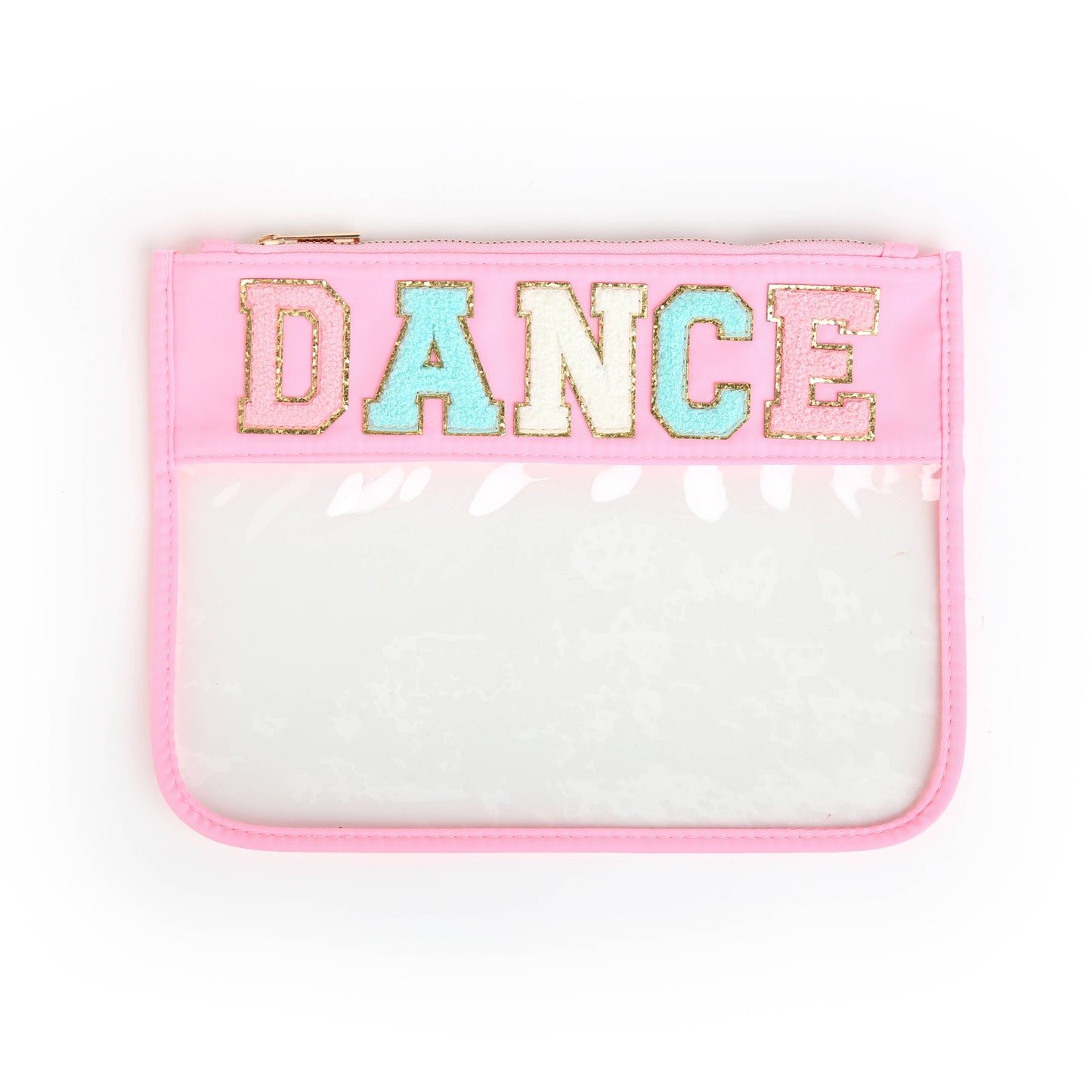 Varsity Letter Clear Zippered Pouch Bag Pink w/DANCE