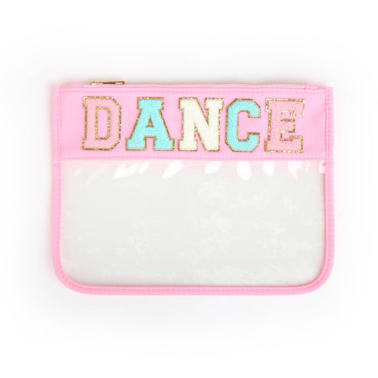 Varsity Letter Clear Zippered Pouch Bag Pink w/DANCE