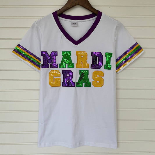 Mardi Gras Sequin Sparkle Shirt- White