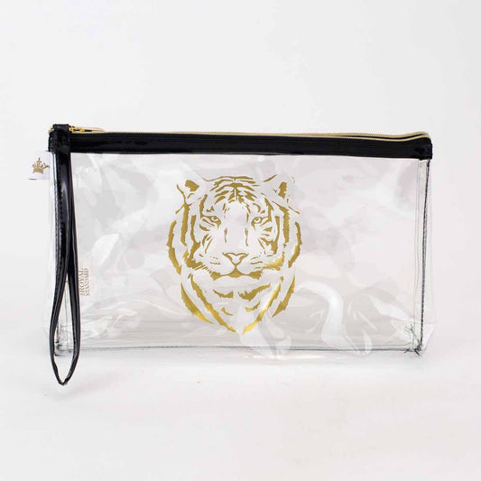 Tiger Clear Organizer Double Zip Pouch- Clear/Black/Gold 10x6x2