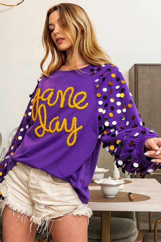 Game Day Metallic Letter Spangled Sweatshirt- Purple