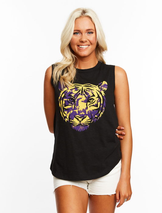 The Tie Dye Tiger Muscle Tank Purple and Gold