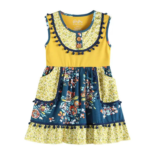 Mustard & Cobalt Floral Ruffle Pom-Pom Dress 2T