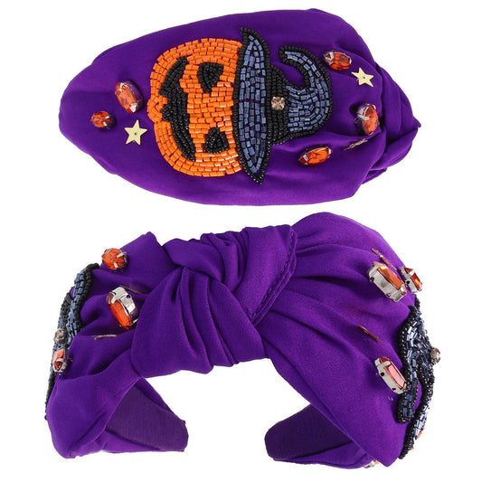 Beaded Witch Hat Jack O Lantern Jeweled Knotted Headband - Purple