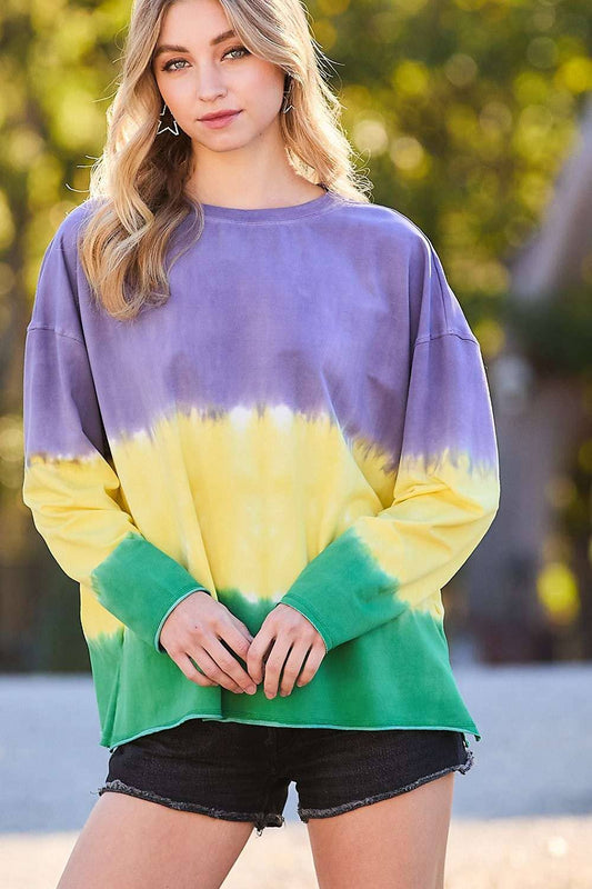 Round Neck Slit Raw Edge Mardi Gras Tie-Dye Top
