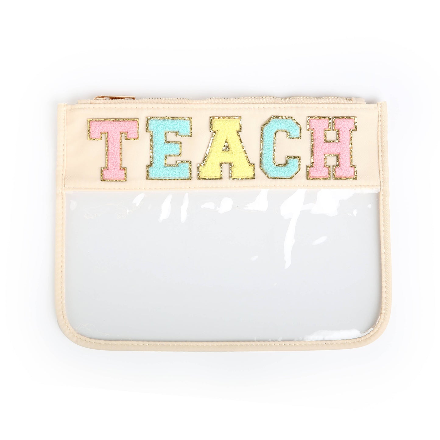 Varsity Letter Clear Zippered Pouch Bag Cream w/TEACH