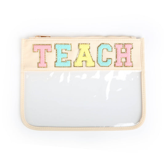 Varsity Letter Clear Zippered Pouch Bag Cream w/TEACH