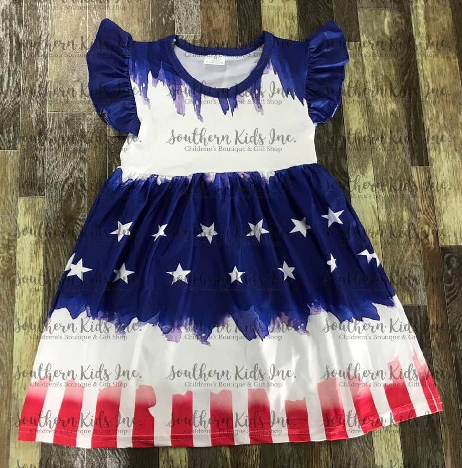 Red, White and Blue Watercolor Flutter Sleeve Dress
