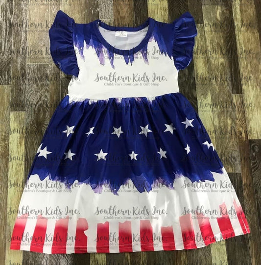 Red, White and Blue Watercolor Flutter Sleeve Dress