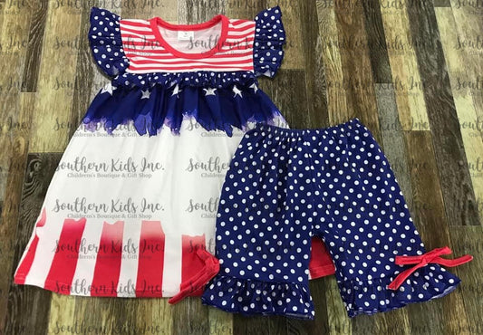 Red, White and Blue Watercolor Flutter Sleeve Shirt and Ruffle Bottom Shorts