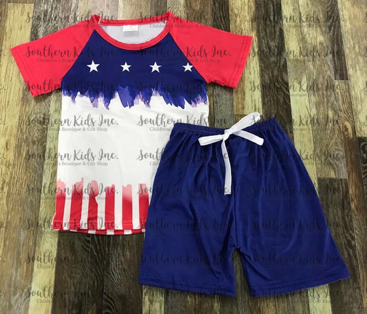 Red, White and Blue Watercolor Short Sleeve Shirt and Shorts Set