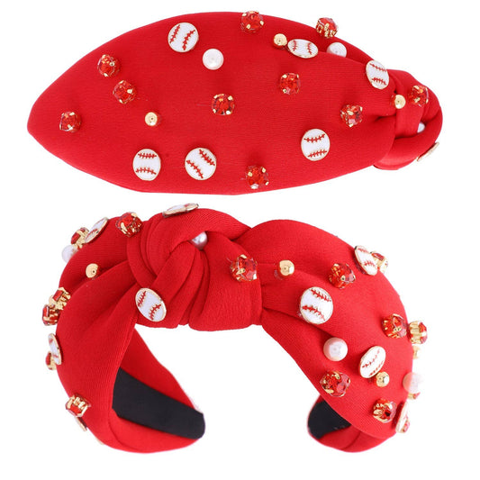 Jeweled & Pearl Beaded with Baseball Charms Knotted Headband - Red