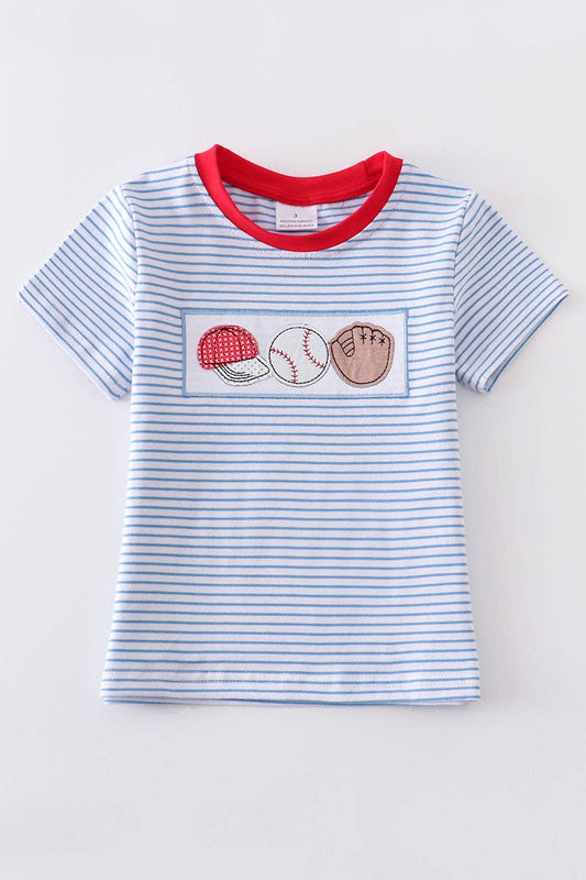 Blue Stripe Baseball Applique Boy Top
