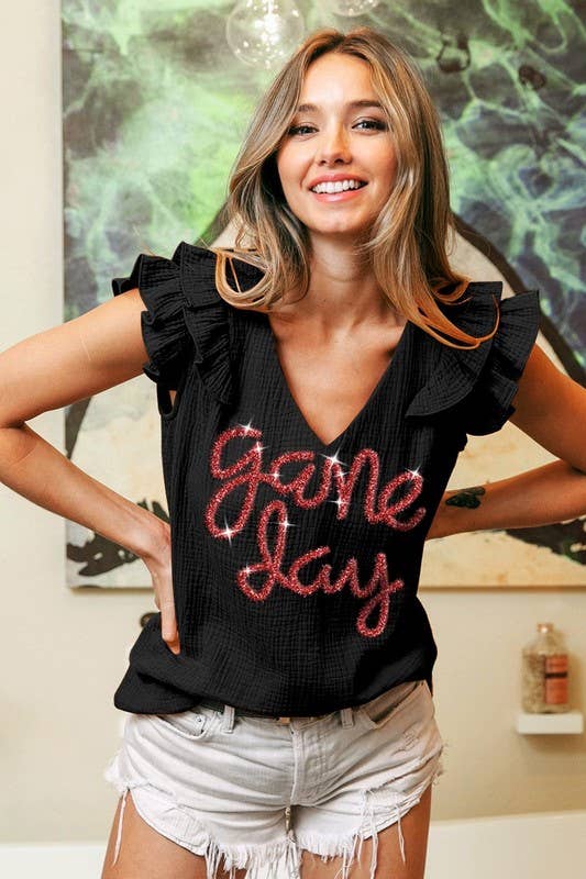 Game Day Metallic Letter Ruffled Wrinkle Gauze Top- Black & Red