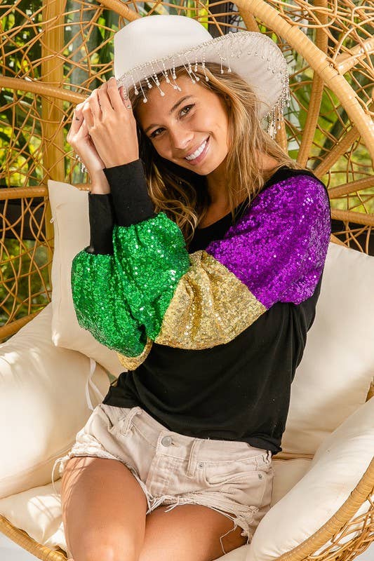 Mardi Gras Color Block Sequins Sleeve Knit Top