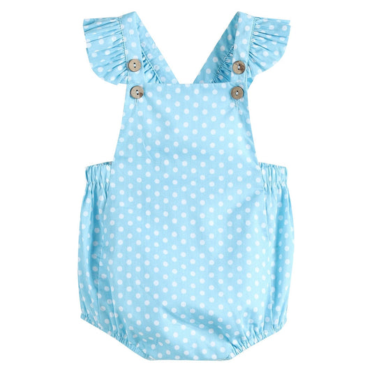 Sky Blue Dot Button and Bow Bubble Romper