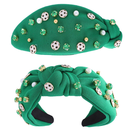Jeweled & Pearl Beaded with Soccer Charms Knotted Headband - Green