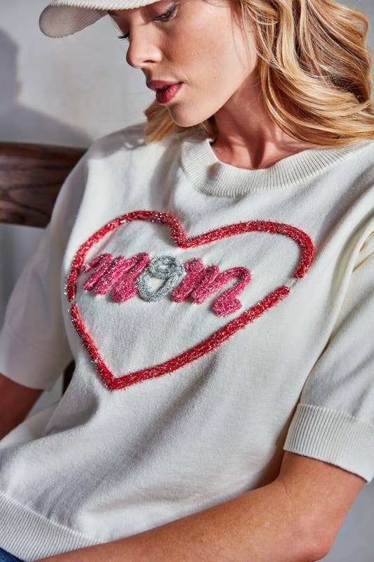Multi Color Mom Metallic Letter Applique Knitted Top