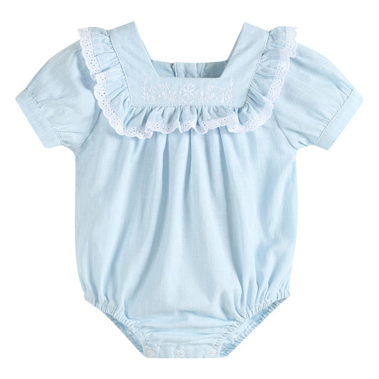 Baby Romper Light Blue Cotton Embroidery