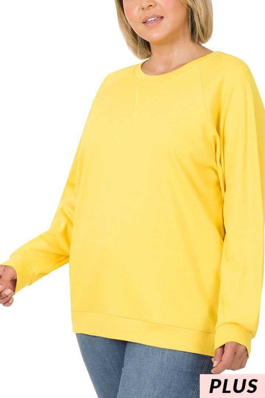 Cotton Raglan Sleeve Pullover Sweater Top Plus Size- Yellow