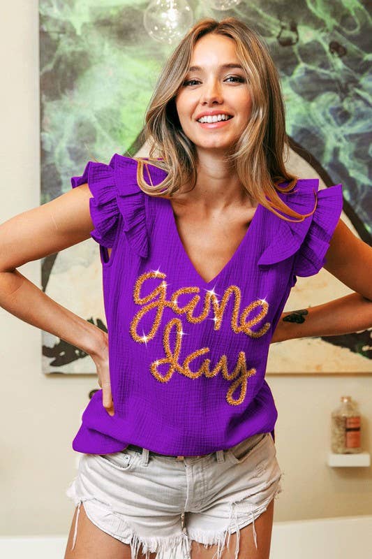 Game Day Metallic Letter Ruffled Wrinkle Gauze Top- Purple & Gold