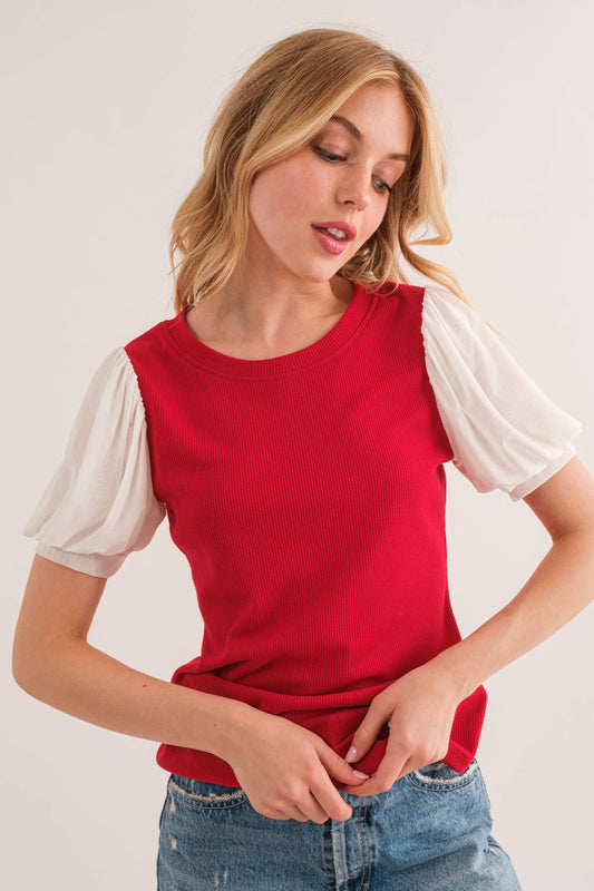 Game Day Contrast Short Sleeve Top Red/ White