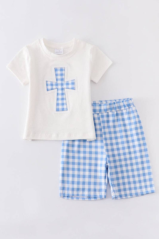 Blue plaid cross boy set