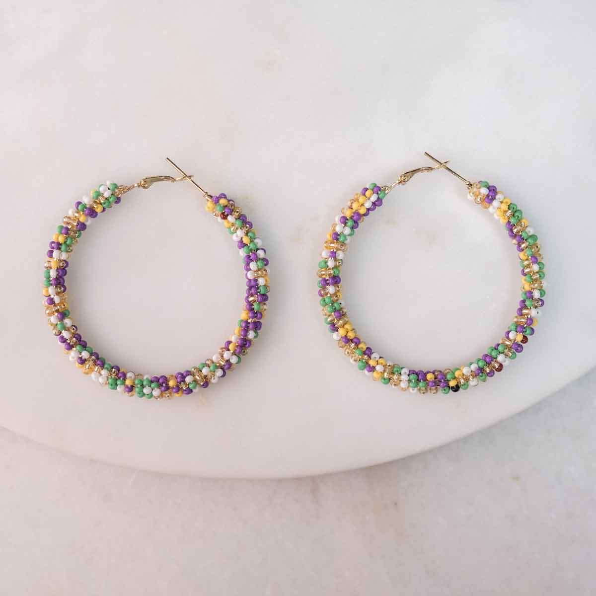 Paradise Beaded Hoop Earrings    Purple/Green/ Yellow   2.5"
