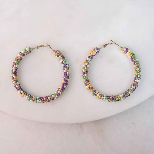 Paradise Beaded Hoop Earrings    Purple/Green/ Yellow   2.5"