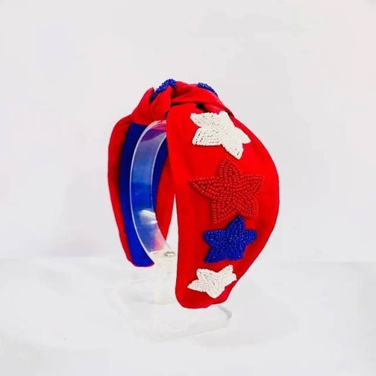 Patriotic Stars Red Seed Bead Front Knot Headband