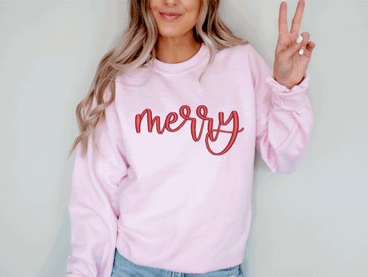 Christmas Embroidered Sweatshirt- Light Pink / Red Thread