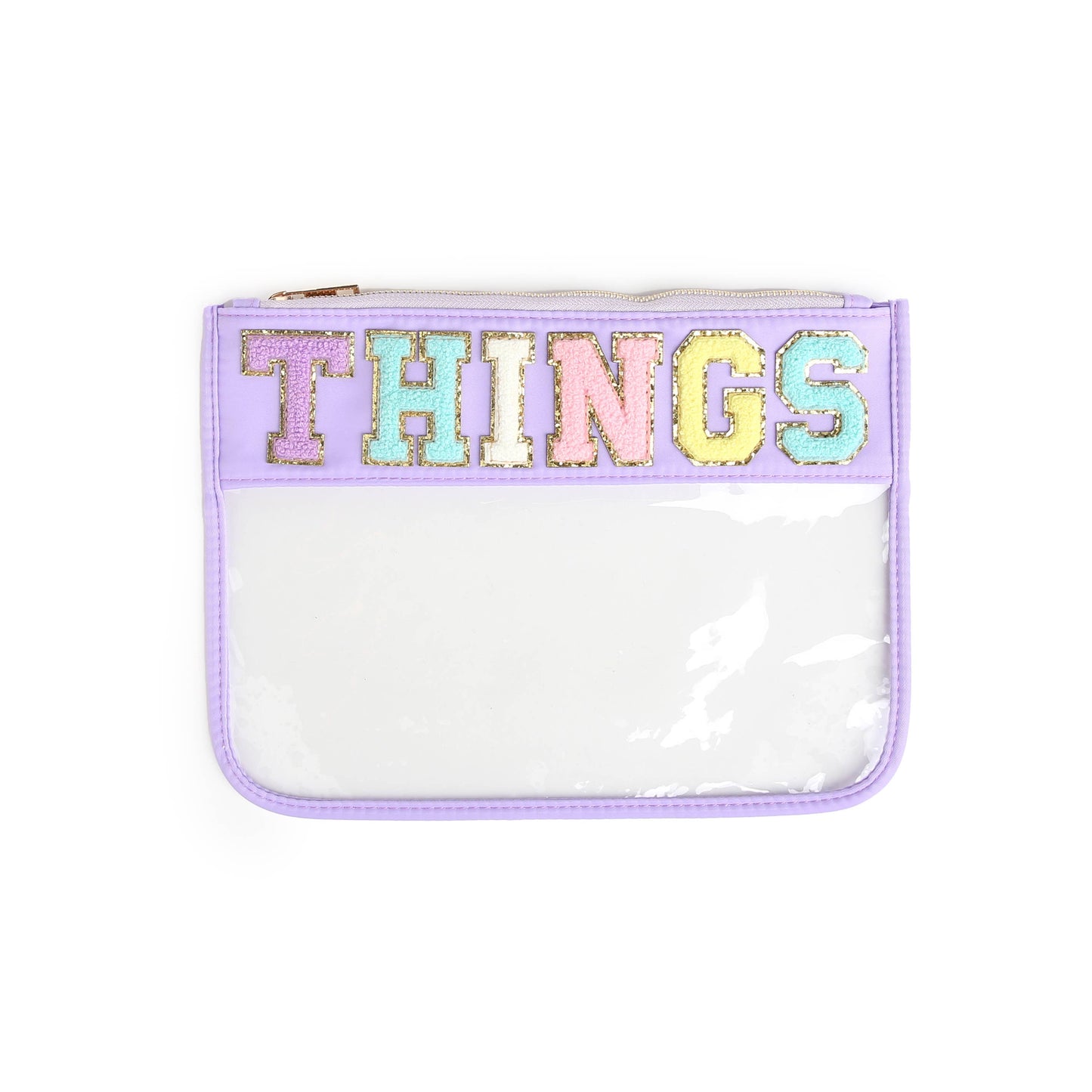 Varsity Letter Clear Zippered Pouch Bag Purple w/THINGS