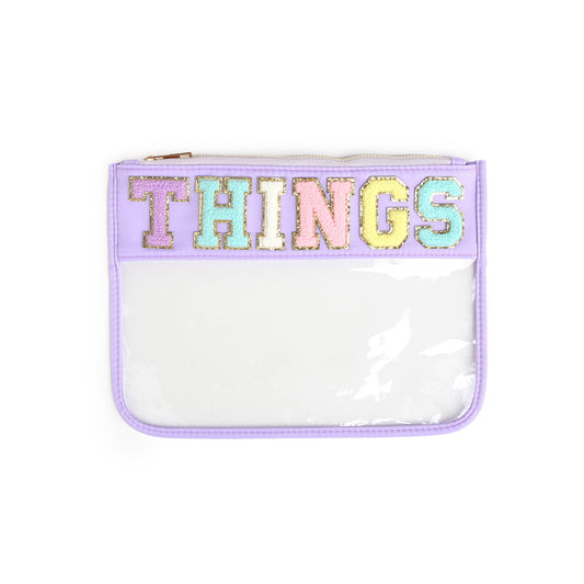 Varsity Letter Clear Zippered Pouch Bag Purple w/THINGS