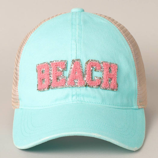 BEACH Chenille Letter Patch Mesh Back Baseball Cap- Mint
