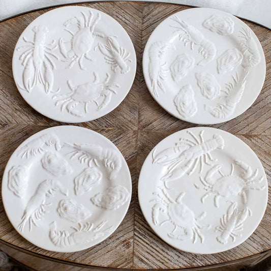 Coastal Seafood Embossed Plates   White   8"   Set of 4