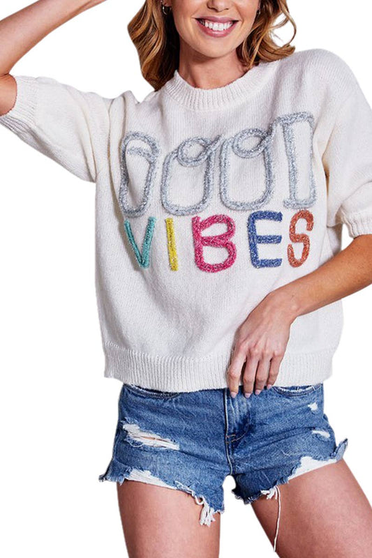 Ivory Multi Color Good Vibes Only Metallic Letter Applique Knitted Top