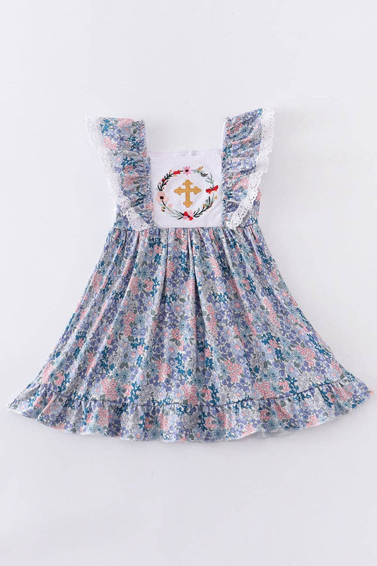 Easter Wreath Embroidery Ruffle Dress