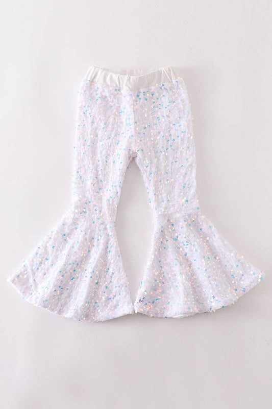 White Sequin Bell Bottom Pants