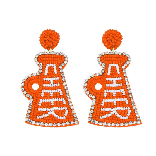 Jeweled Trim Beaded Cheer Megaphone Dangle Earrings - Orange & White