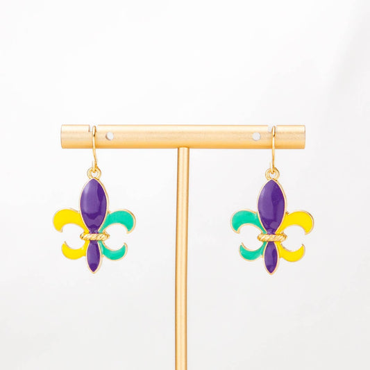 Fleur de Lis Earrings   Purple/Green/Yellow   1"