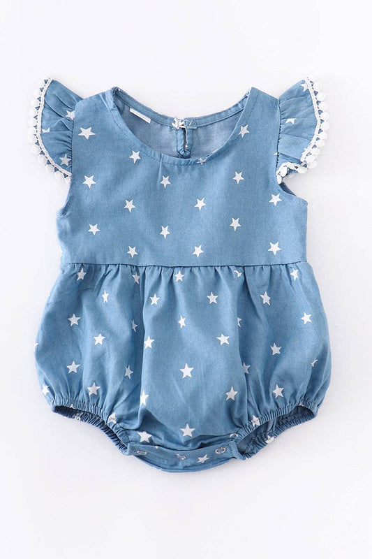 Navy Star Girl Pom Pom Romper