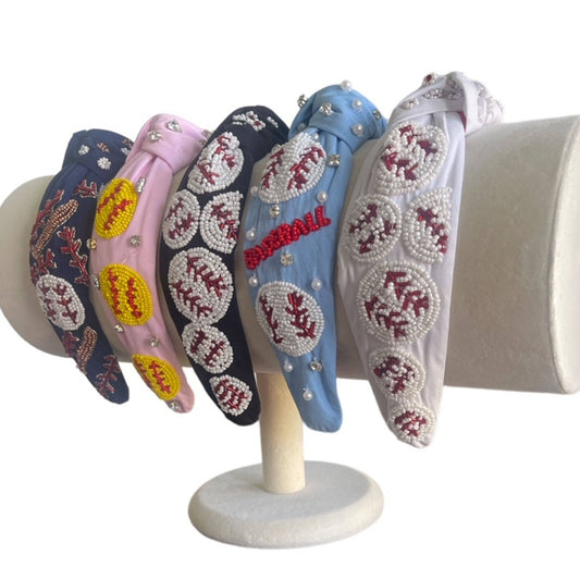 Baseball in Red Seed Bead Headband- Blue