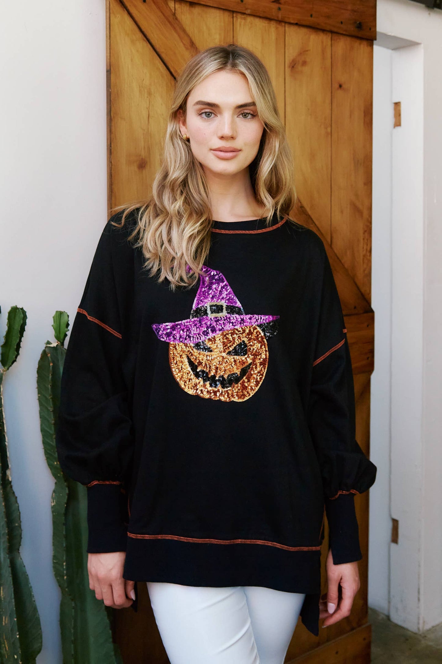 Sequin Halloween Pumpkin Patch Knit Sweatshirt - Black