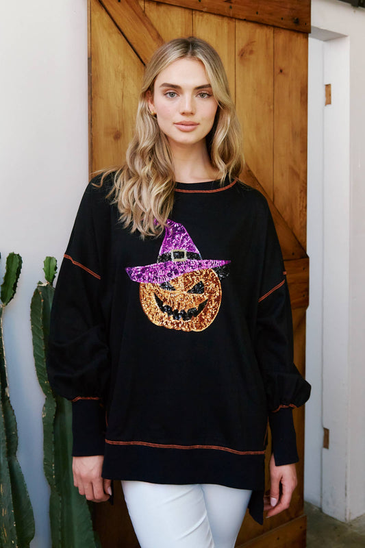 Sequin Halloween Pumpkin Patch Knit Sweatshirt - Black