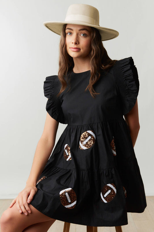 Stylish Sequin Football Patch Babydoll Dress - Black